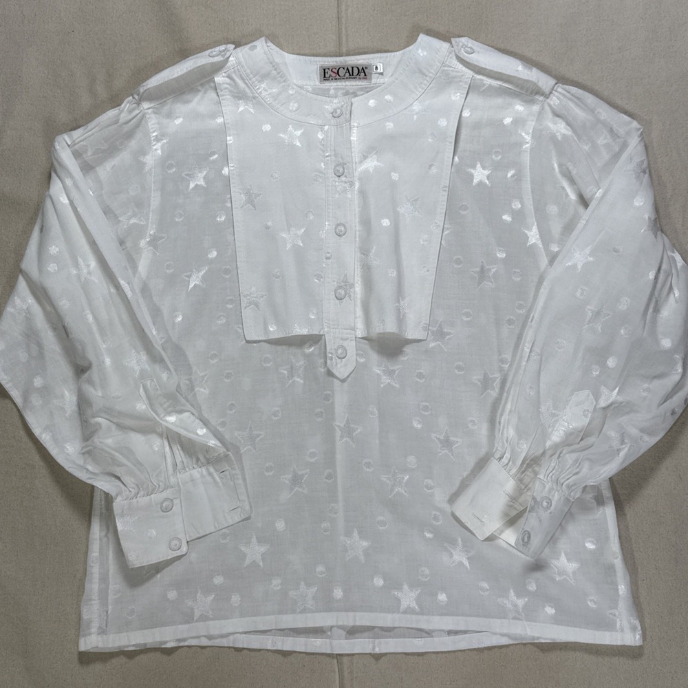 ESCADA Womens EU 40 White 1/2 Button Pleated Sheer Blouse Shirt Top Read